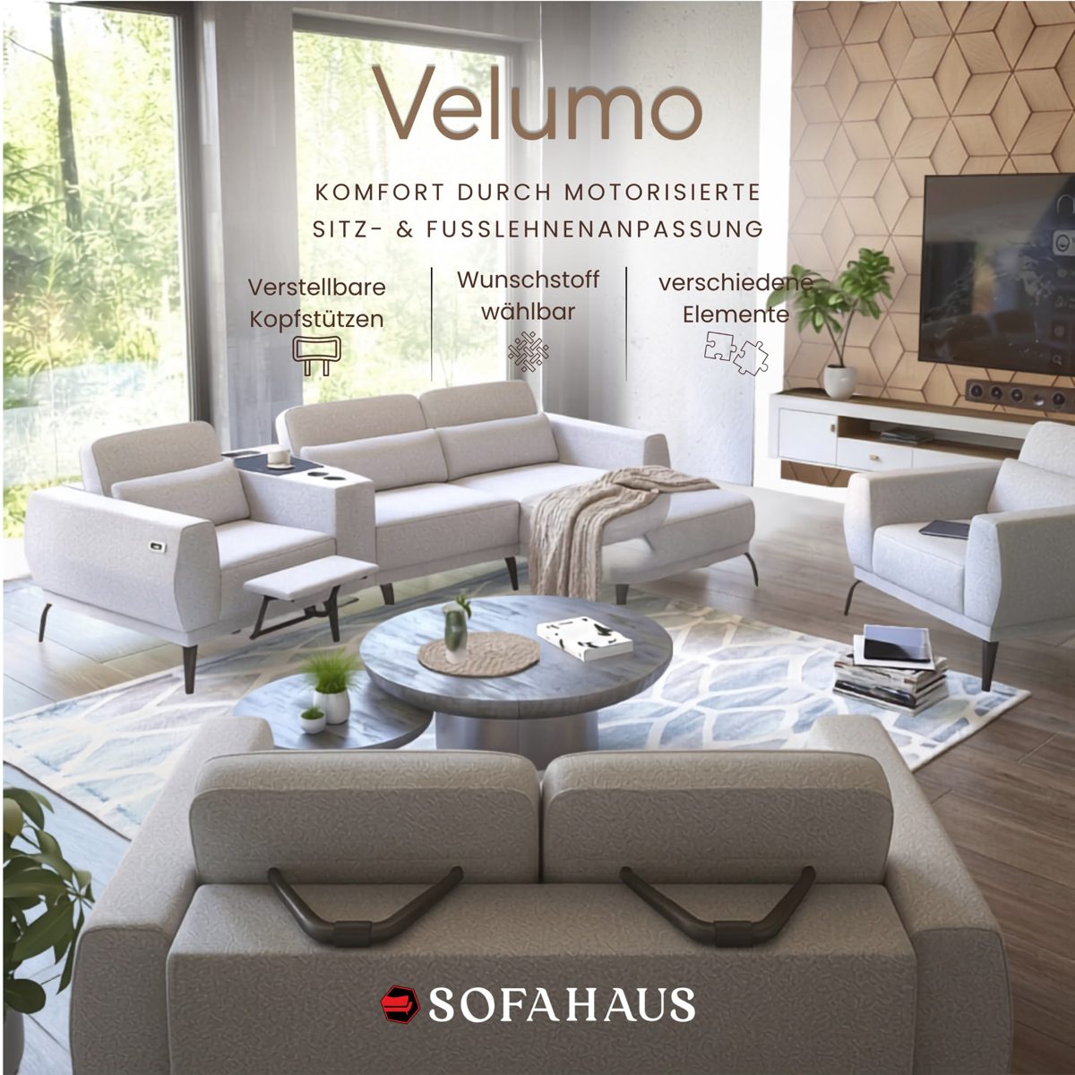 Sofa Velumo – motorisierte Sitz- und Fußlehnenanpassung
